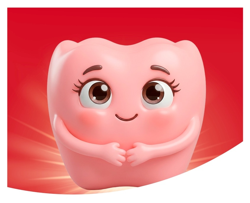 Caricatura sonriente de una muela rosa con ojitos grandes y pestañas, tocándose las mejillas con las manos sobre fondo rojo radiante.