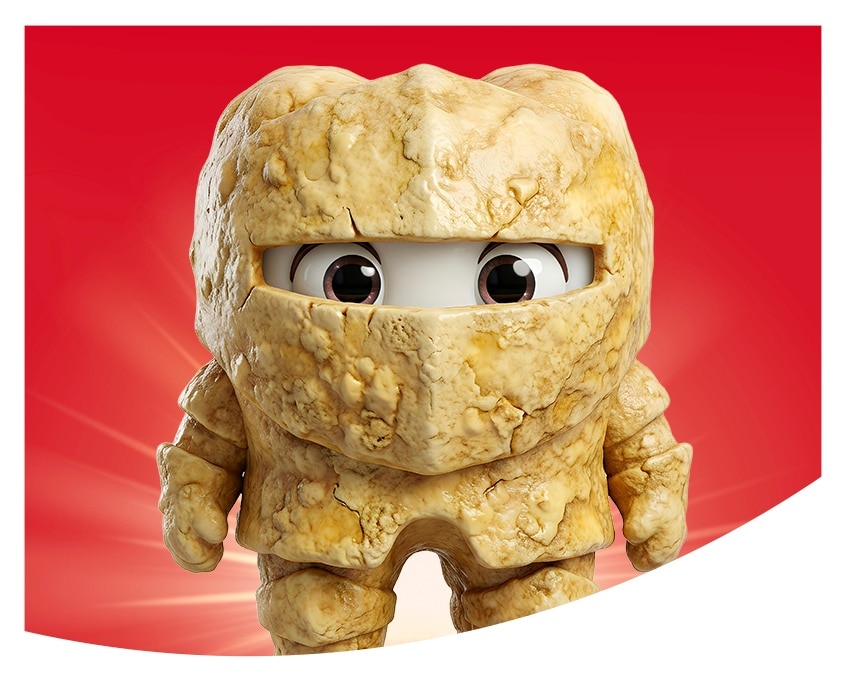 Personaje de caricatura en forma de muela con armadura de piedra sarro y ojos grandes sobre fondo rojo.