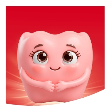 Caricatura sonriente de una muela rosa con ojitos grandes y pestañas, tocándose las mejillas con las manos sobre fondo rojo radiante.