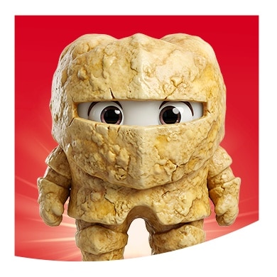 Personaje de caricatura en forma de muela con armadura de piedra sarro y ojos grandes sobre fondo rojo.