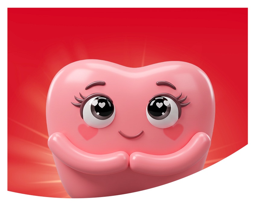 Caricatura sonriente de una muela rosa con ojitos grandes y pestañas, tocándose las mejillas con las manos sobre fondo rojo radiante.