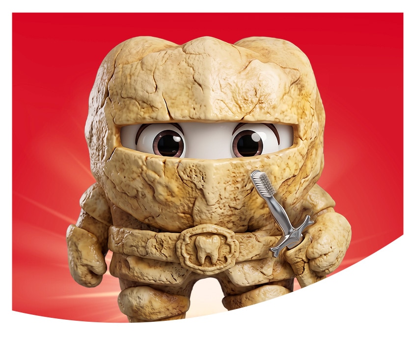 Personaje de caricatura en forma de muela con armadura de piedra sarro y ojos grandes sobre fondo rojo.