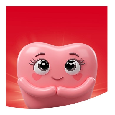 Caricatura sonriente de una muela rosa con ojitos grandes y pestañas, tocándose las mejillas con las manos sobre fondo rojo radiante.