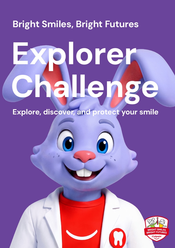 Cover of the Colgate Bright Smiles, Bright Futures Explorer Challenge flip chart featuring the Dr. Rabbit character on a purple background.