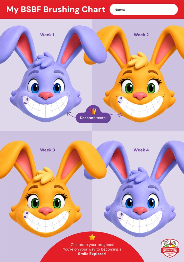 Colgate BSBF 4-week kids brushing chart featuring printable bunny characters with teeth to color in for morning and night routines.