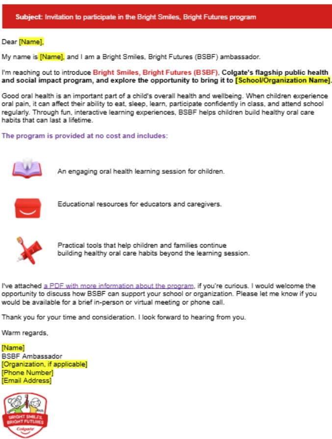 Email template inviting schools to Colgate Bright Smiles Bright Futures oral health program