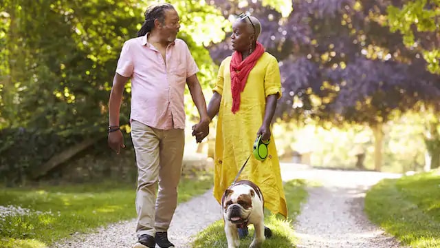 ouple de personnes âgées marchant dans la voie
