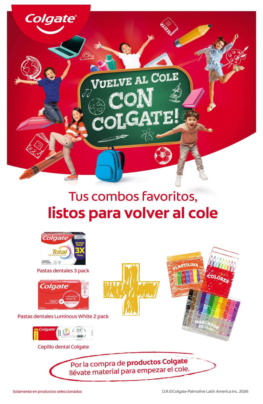 Niños saltando con combos de productos Colgate Total, Luminous White y útiles para la promoción Vuelve al Cole.