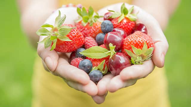 A close up of the girl's hands holding fruits