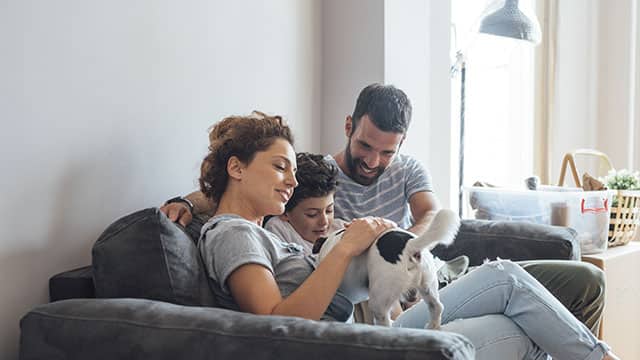 A family of three with their small dog enjoying time together at home