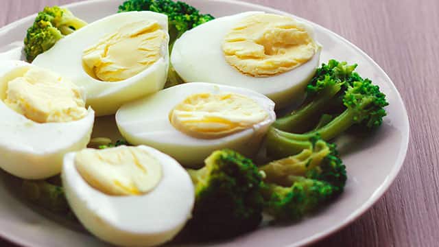 A plate of hard boiled eggs an broccoli 