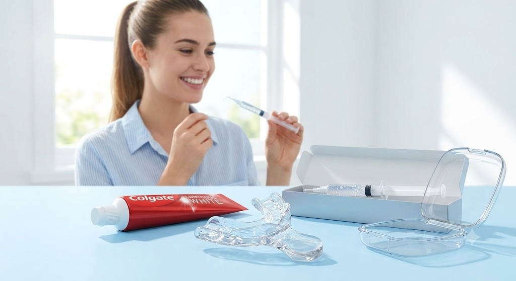 Mujer sonriendo mientras sostiene una jeringa de gel blanqueador, cubetas blanqueadoras y una pasta dental Luminous White
