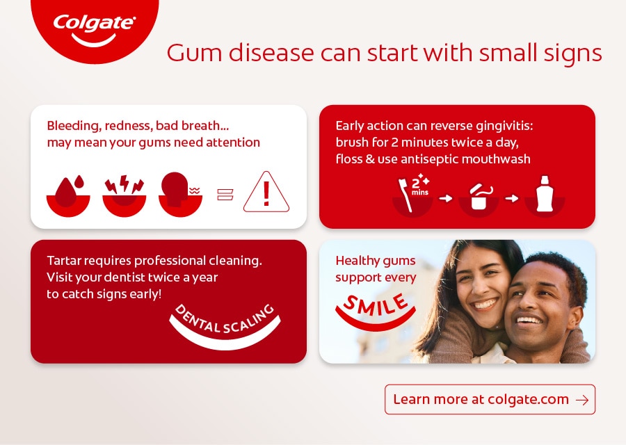 Colgate desktop infographic displaying early signs of gum disease, treatment steps, and dental scaling advice.