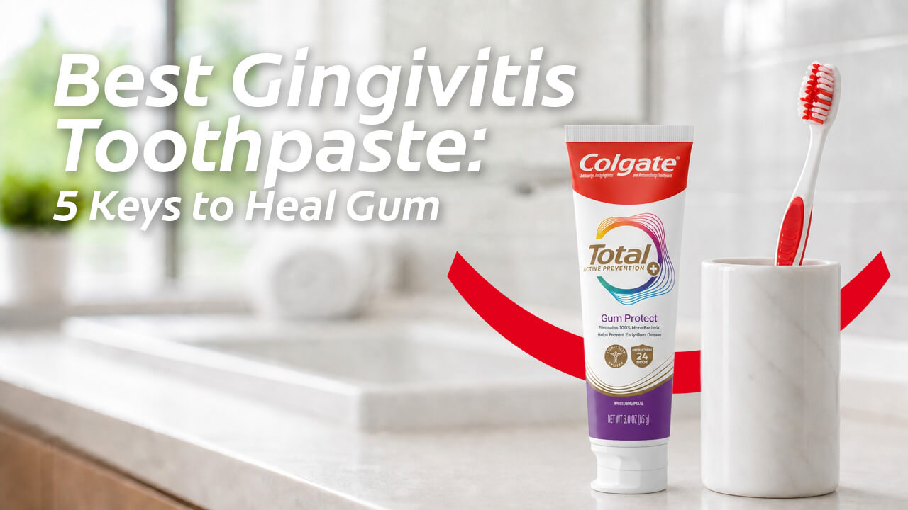 Colgate Total Gum Protect toothpaste tube with toothbrush and text reading Best Gingivitis Toothpaste.