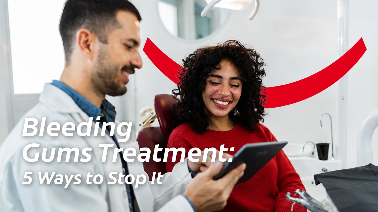 Dentist showing a tablet to a smiling patient with text reading Bleeding Gums Treatment: 5 Ways to Stop It.