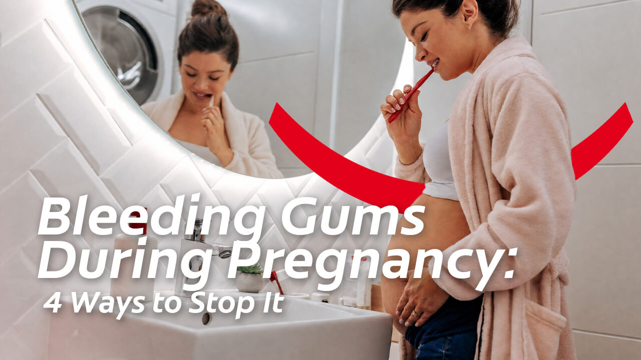 Pregnant woman in a bathrobe brushing her teeth in a mirror with text reading Bleeding Gums During Pregnancy: 4 Ways to Stop It.