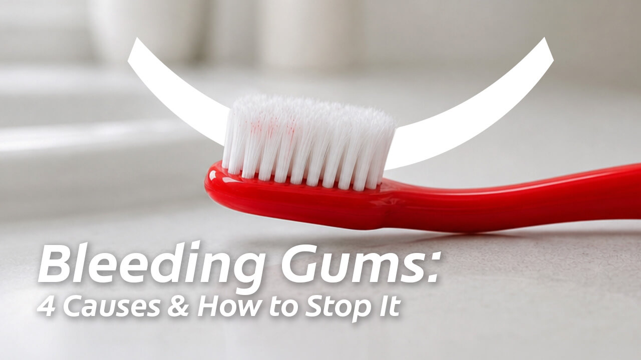 Close-up of a red toothbrush with text reading Bleeding Gums: 4 Causes & How to Stop It.