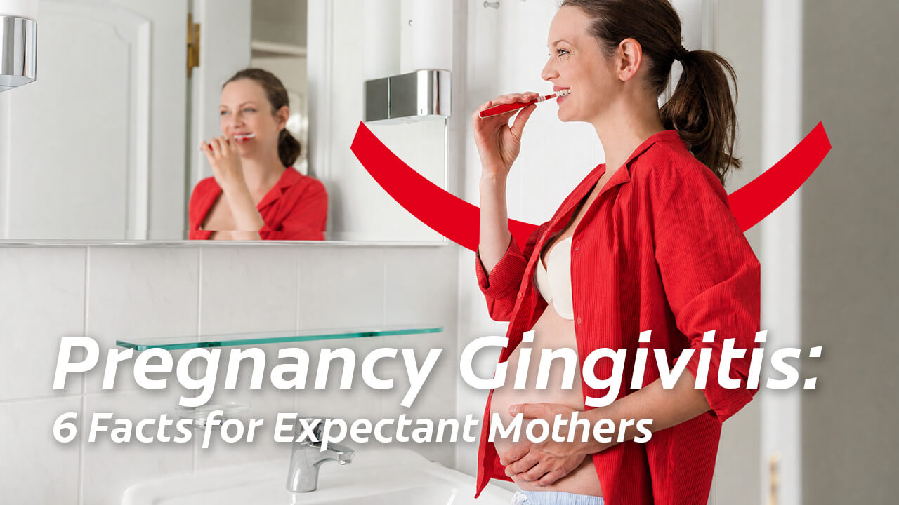 Pregnant woman in a red shirt brushing her teeth in a mirror with text reading Pregnancy Gingivitis: 6 Facts for Expectant Mothers.