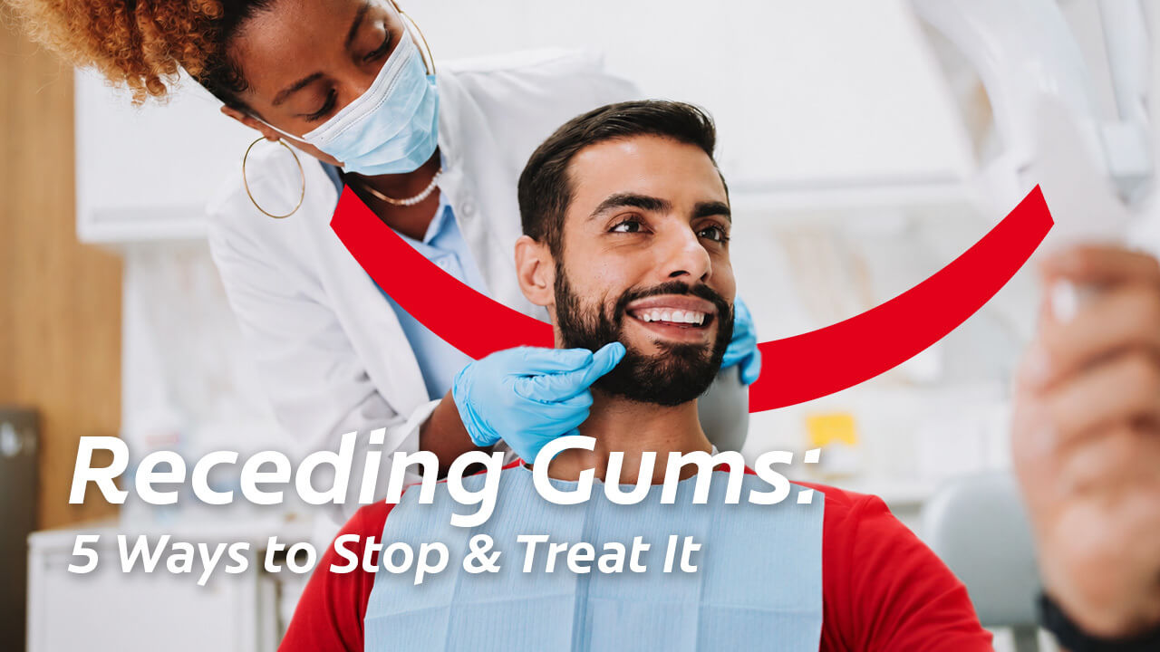 Dentist examining a smiling male patient with text reading Receding Gums: 5 Ways to Stop & Treat It.