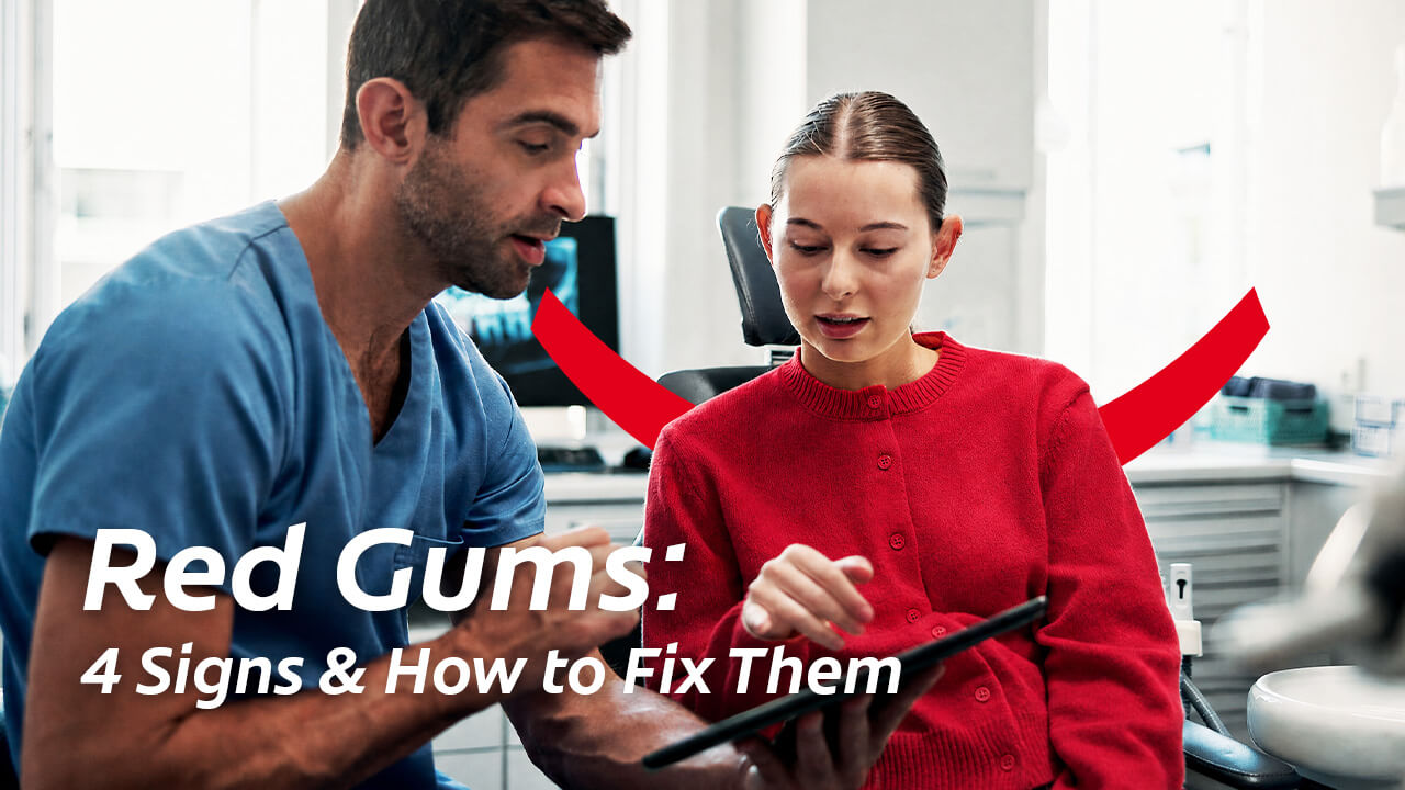 Dentist showing a tablet to a patient in a red sweater with text reading Red Gums: 4 Signs & How to Fix Them.