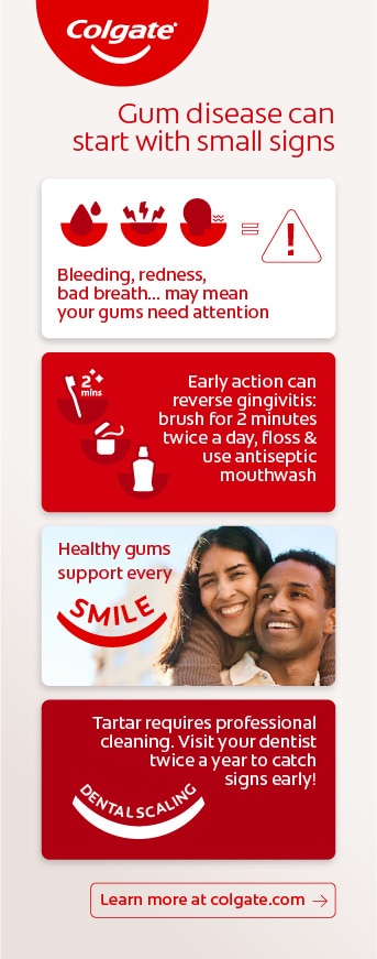 Colgate mobile infographic listing gum disease symptoms, gingivitis prevention tips, and dental care advice.