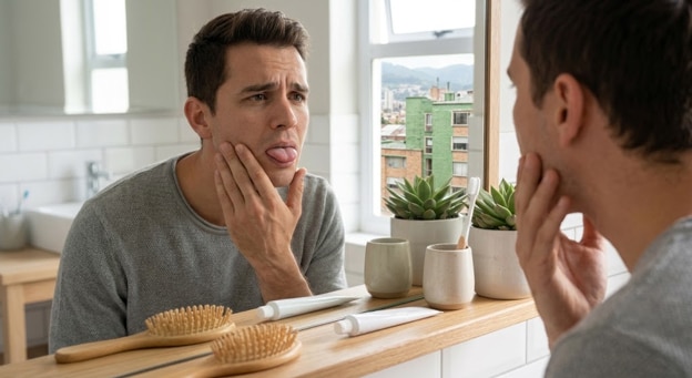 Mujer con dientes blancos sacando la lengua