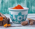 Turmeric powder in a bowl and Turmeric roots on a wooden table.