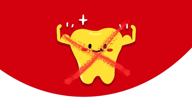 Illustration debunking the myth that yellow teeth are stronger with a red cross