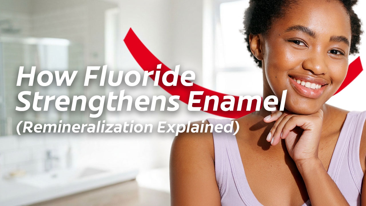 woman smiling while resting her chin on her hand, with overlay text reading "How Fluoride Strengthens Enamel (Remineralization Explained)".