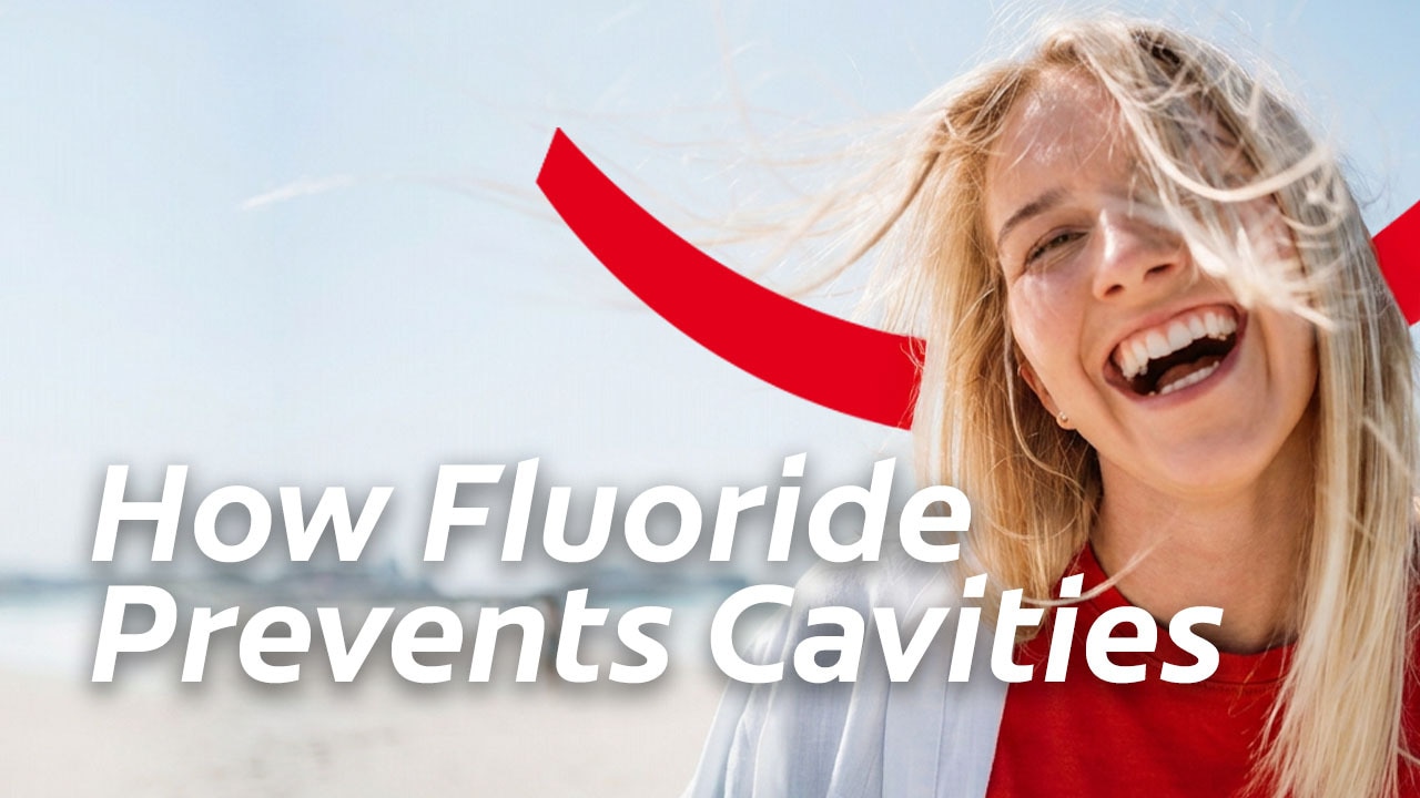 A blonde woman smiling happily outdoors, with overlay text reading: How Fluoride Prevents Cavities.