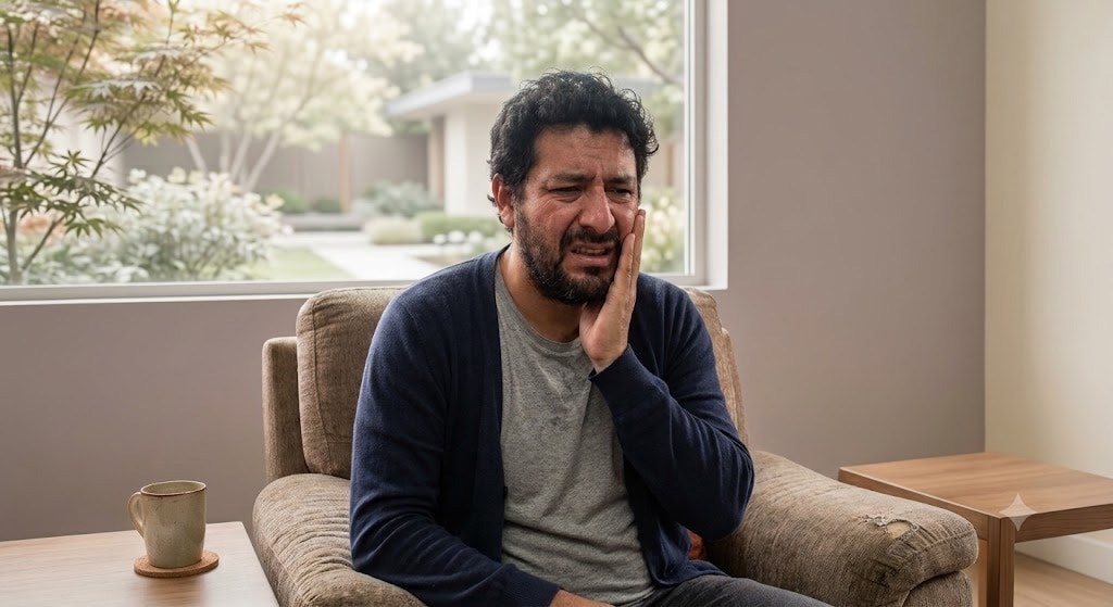 hombre con dolor de muela en la casa