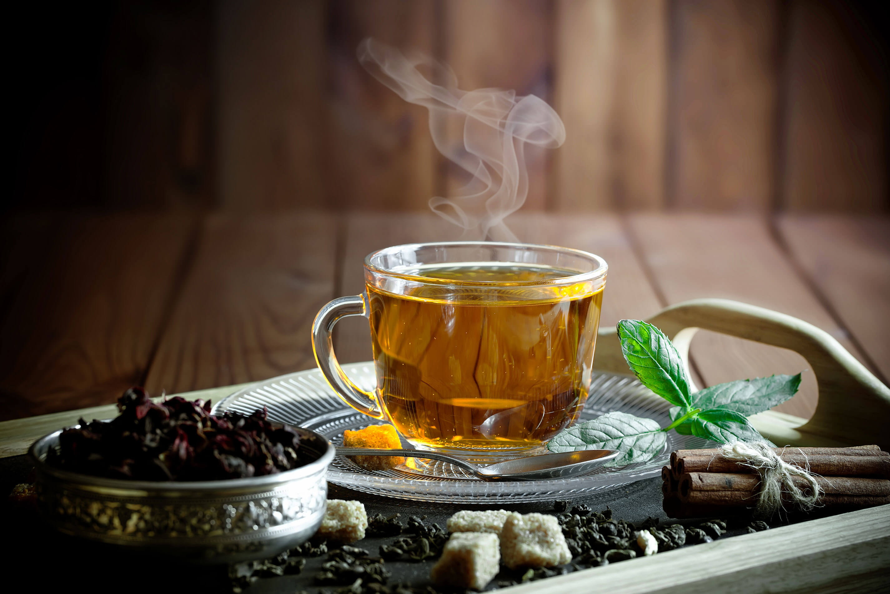 A tray containing a cup of tea