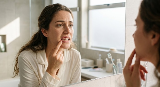 Una mujer utilizando hilo dental