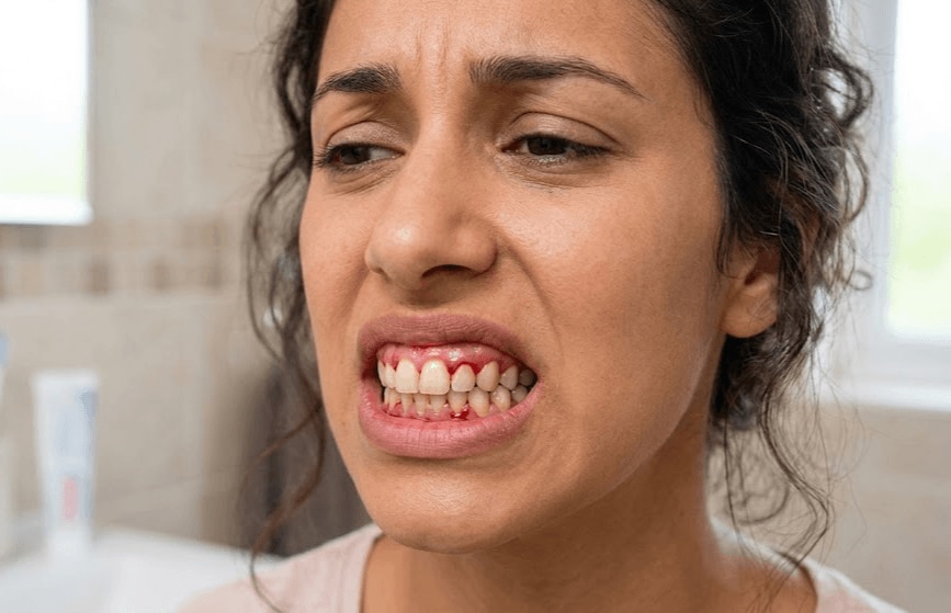 Joven utilizando seda dental