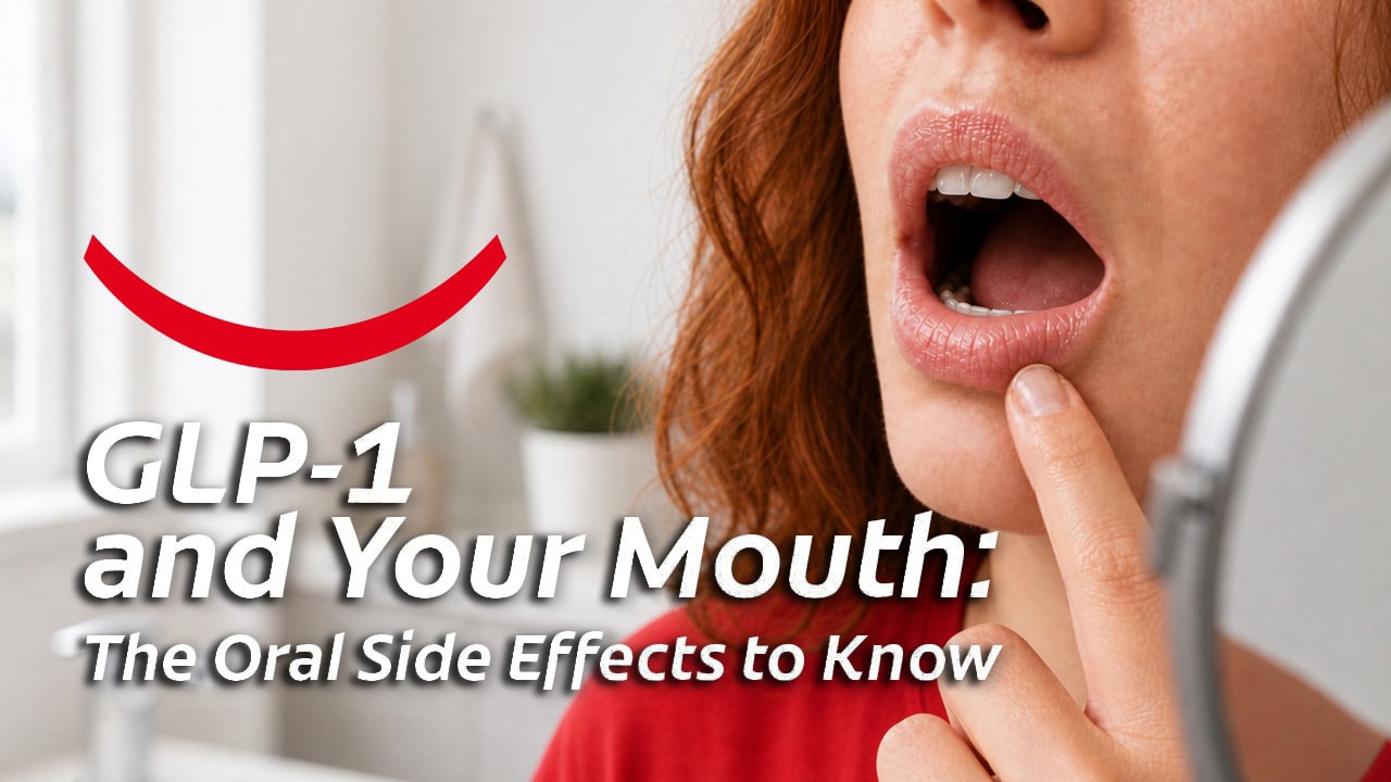 A red-haired woman standing with her mouth open in front of a mirror and examining her lips and mouth for signs of GLP-1 oral side effects. 