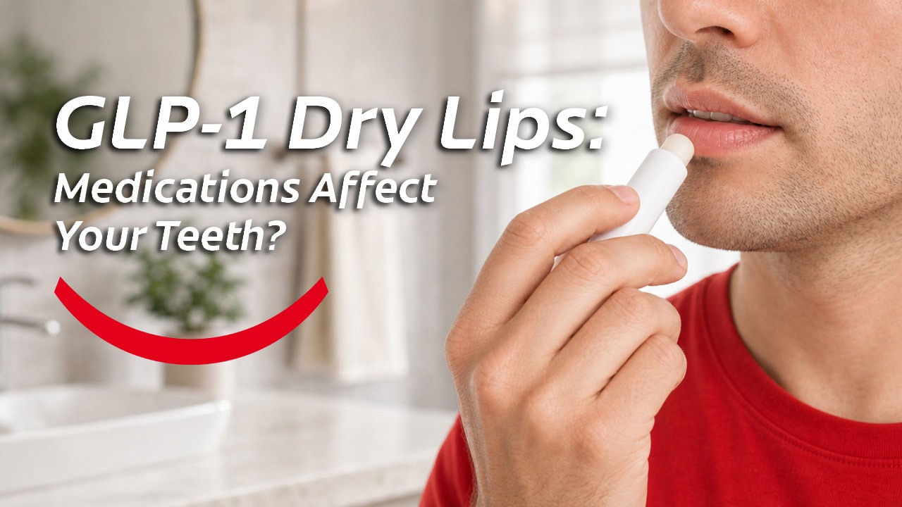 A man in a red t-shirt standing in the bathroom and applying lip balm to relieve the symptoms of GLP-1 dry lips. 