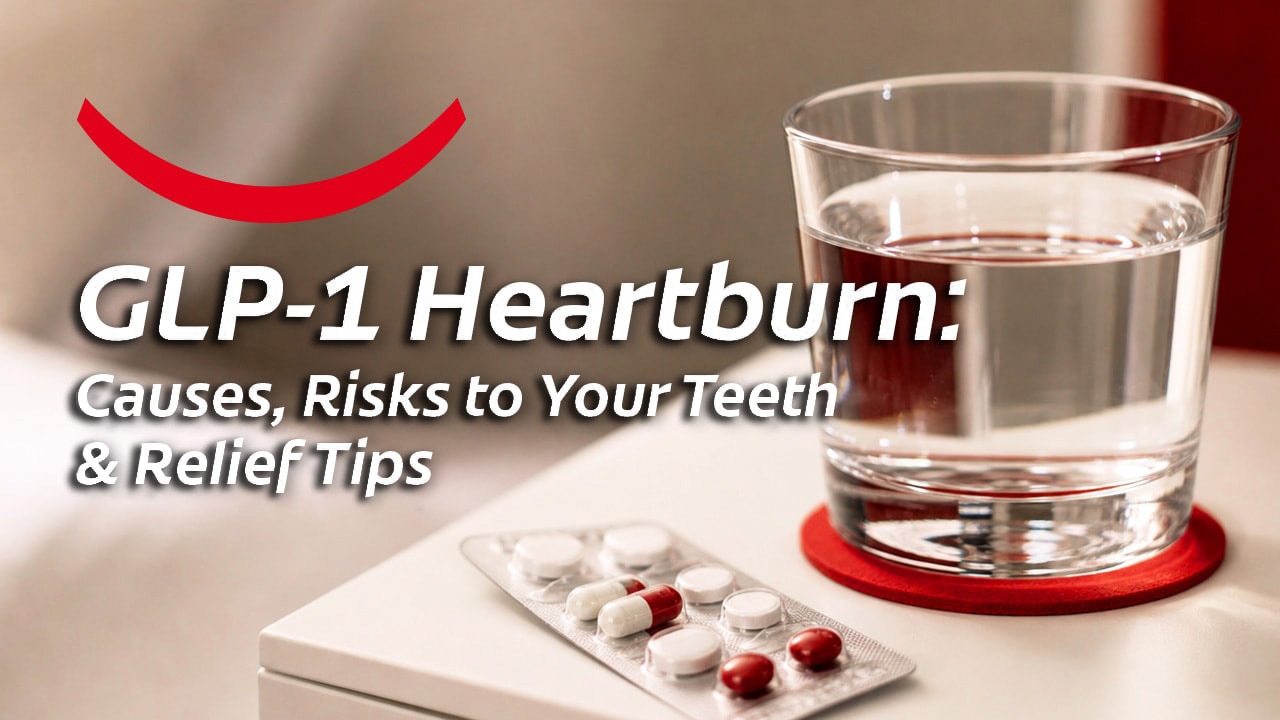 A glass of water on a nightstand with a red coaster next to a blister pack of heartburn tablets and other medications.  