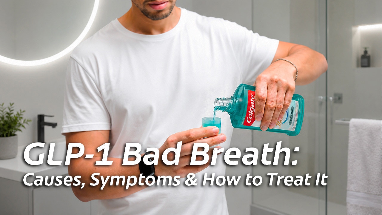 A man in a white t-shirt holding a bottle of Colgate mouthwash and pouring it into the cap to relieve GLP-1 bad breath. 