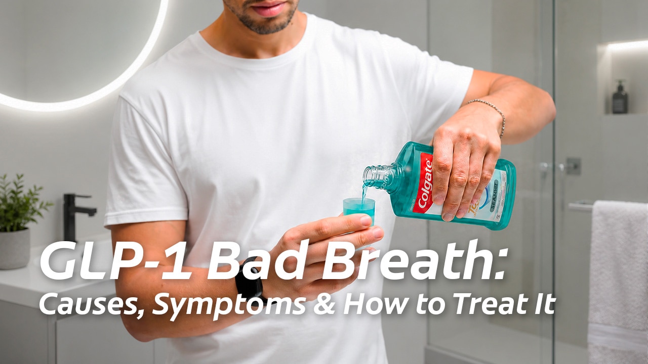 A man in a white t-shirt holding a bottle of Colgate mouthwash and pouring it into the cap to relieve GLP-1 bad breath. 