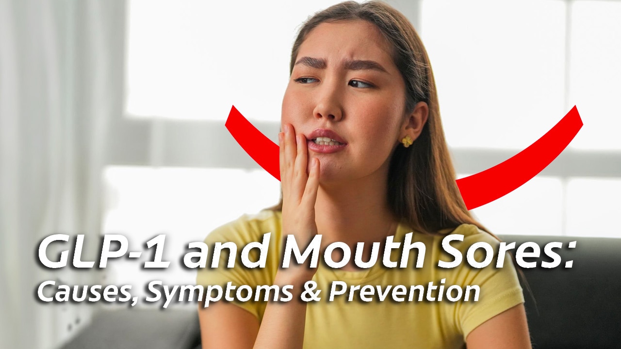 A blonde woman in a yellow t-shirt holding her hand to the side of her face and looking uncomfortable due to GLP-1 mouth sores.