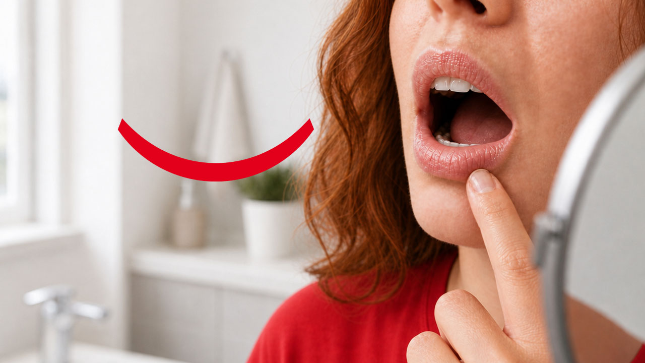 A red-haired woman standing with her mouth open in front of a mirror and examining her lips and mouth for signs of GLP-1 oral side effects. 