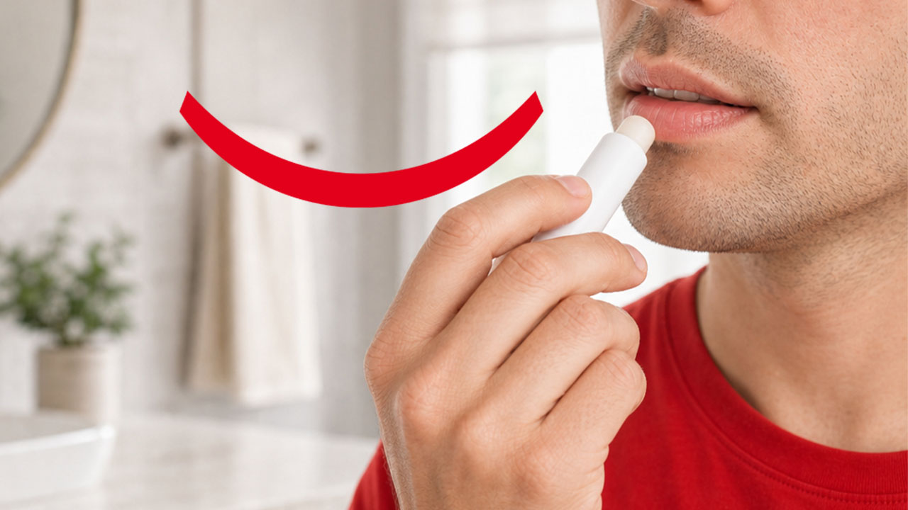 A man in a red t-shirt standing in the bathroom and applying lip balm to relieve the symptoms of GLP-1 dry lips. 