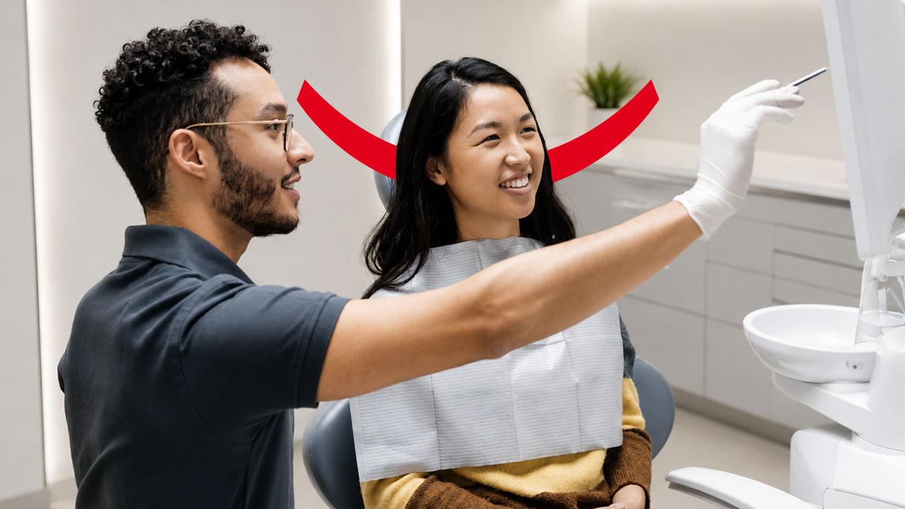 A smiling, dark-haired woman sitting in a dental chair while a dental professional shows her images of GLP-1 tooth decay on a screen. 