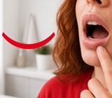 A red-haired woman standing with her mouth open in front of a mirror and examining her lips and mouth for signs of GLP-1 oral side effects. 