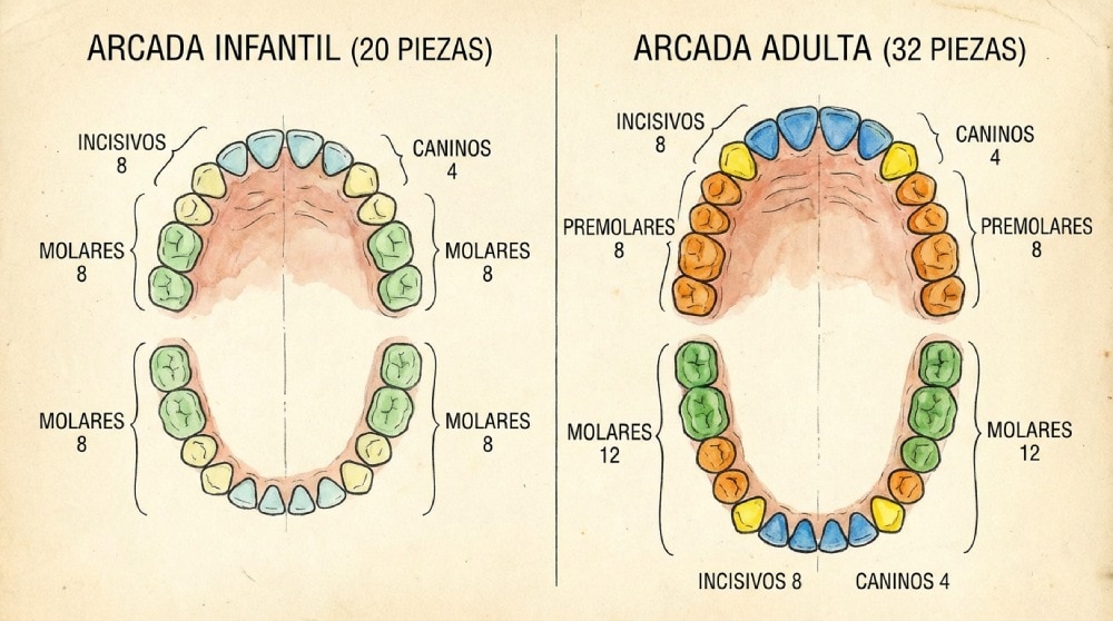 Ilustración comparativa de arcadas infantil (20 piezas) y adulta (32 o 28 sin cordales) con rótulos por grupo dental.