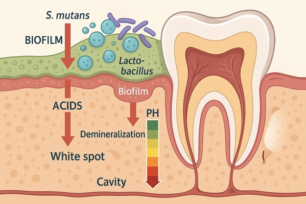 Diagrama de caries: S. mutans y Lactobacillus en biofilm producen ácidos, bajando el pH y causando desmineralización y cavidades dentales.