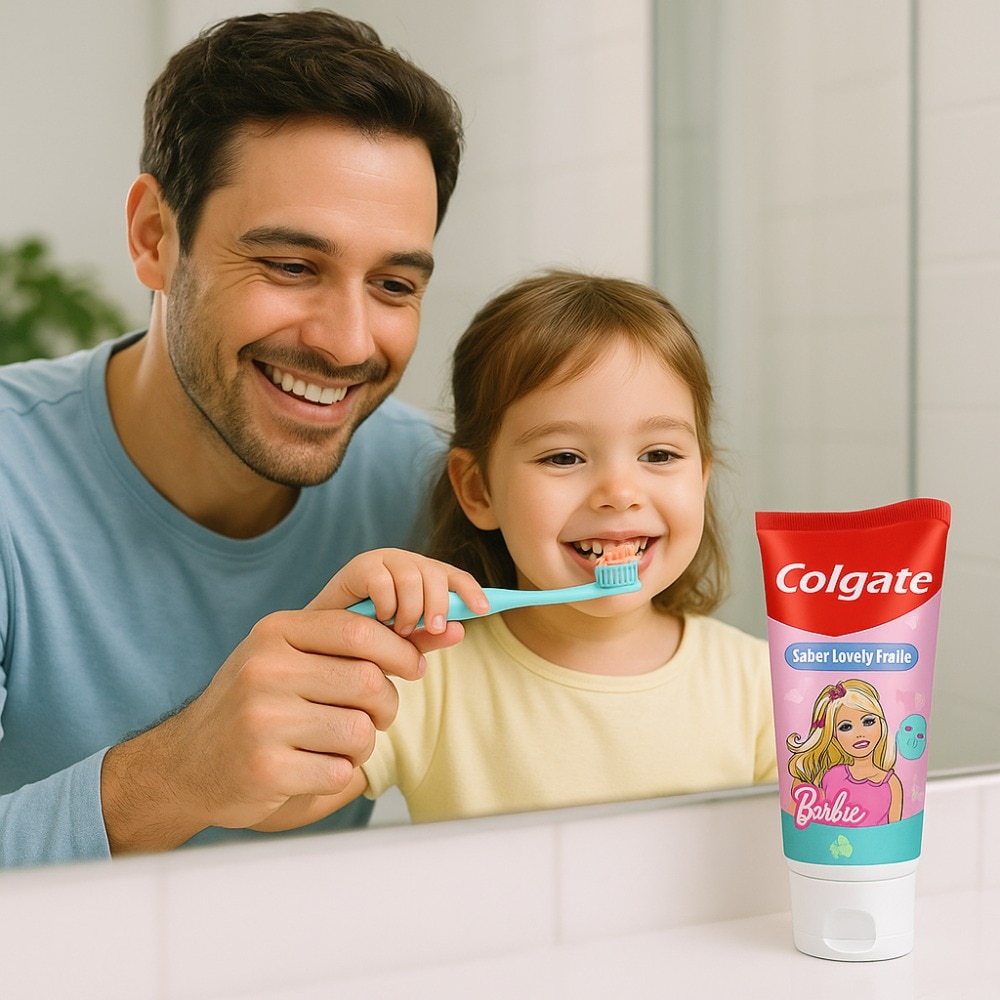 Un padre sonriente ayuda a su hija a cepillarse los dientes frente a un espejo con pasta de dientes infantil con flúor. Ilustra el cuidado dental adecuado en niños.
