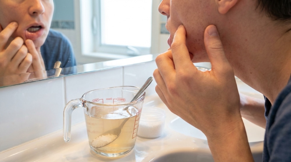 Una persona mostrando el interior de la mejilla frente al espejo mientras prepara un enjuague con agua tibia y sal en un vaso medidor sobre el lavamanos.