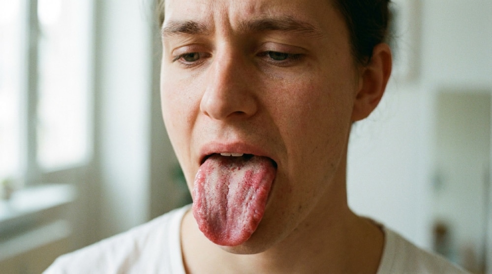 Primer plano de una persona sacando la lengua frente al espejo; un profesional señala áreas enrojecidas mientras sostiene un enjuague sin alcohol y un aplicador tópico.