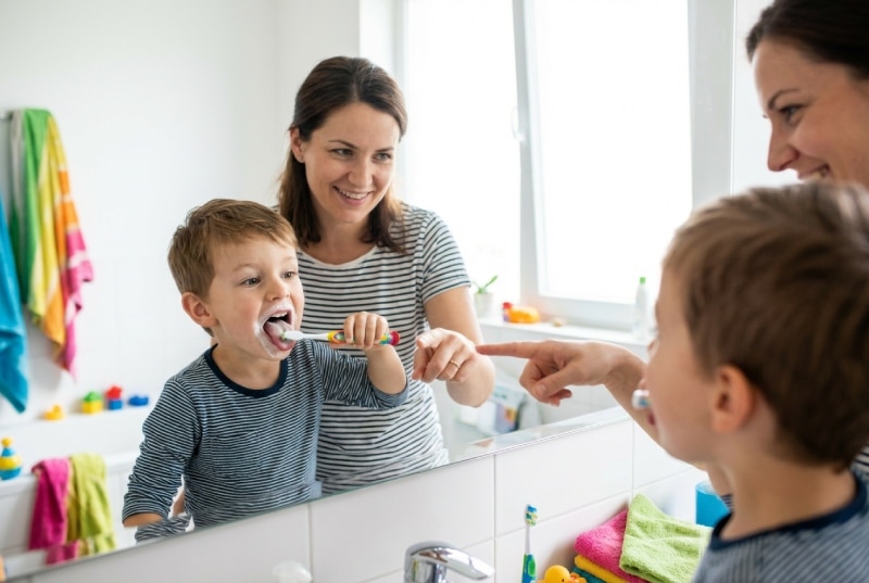 Niño cepillándose la lengua con cepillo infantil frente al espejo, con la madre supervisando la técnica de higiene.